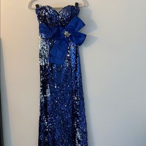 Blue & Silver sequin prom dress w/ blue satin bow